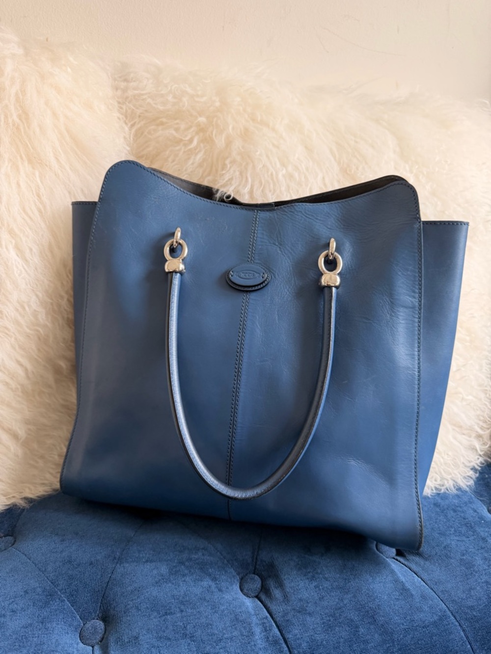 Tods Blue Leather Tote Bag with Silver Hardware